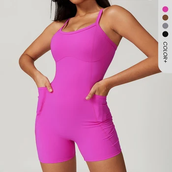 One piece jumpsuit With Pocket casual tights beautiful back yoga Rompers with chest pad quick drying nude sports fitness clothes