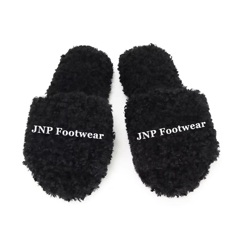 Custom Women's Open Toe Winter Lamb Wool Memory Foam Fluffy Fake Shearling Fur Furry Slides Slippers