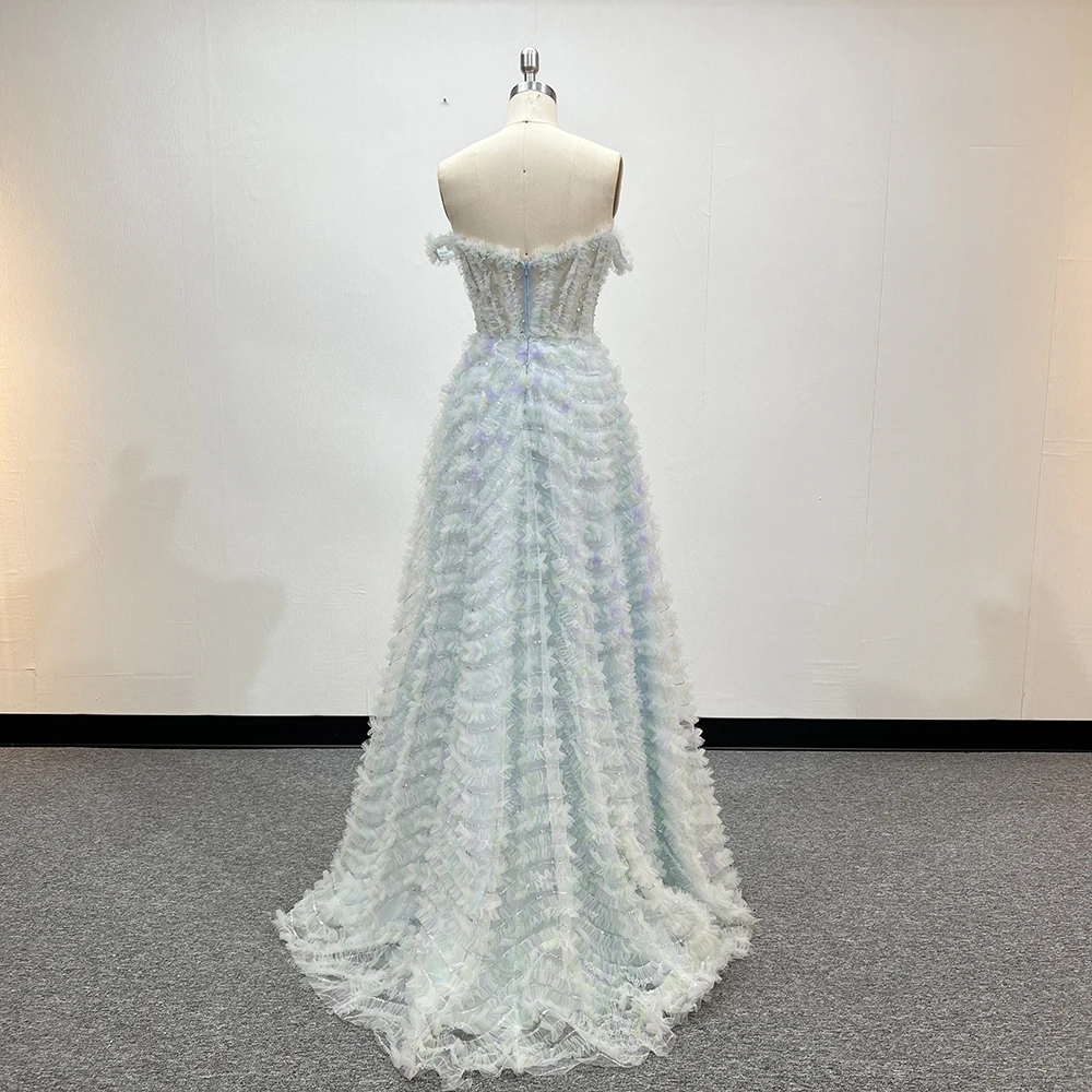 open lace back dress Deep V-Neck Long Sequin Prom Dress with Feathers Powder Blue / 4