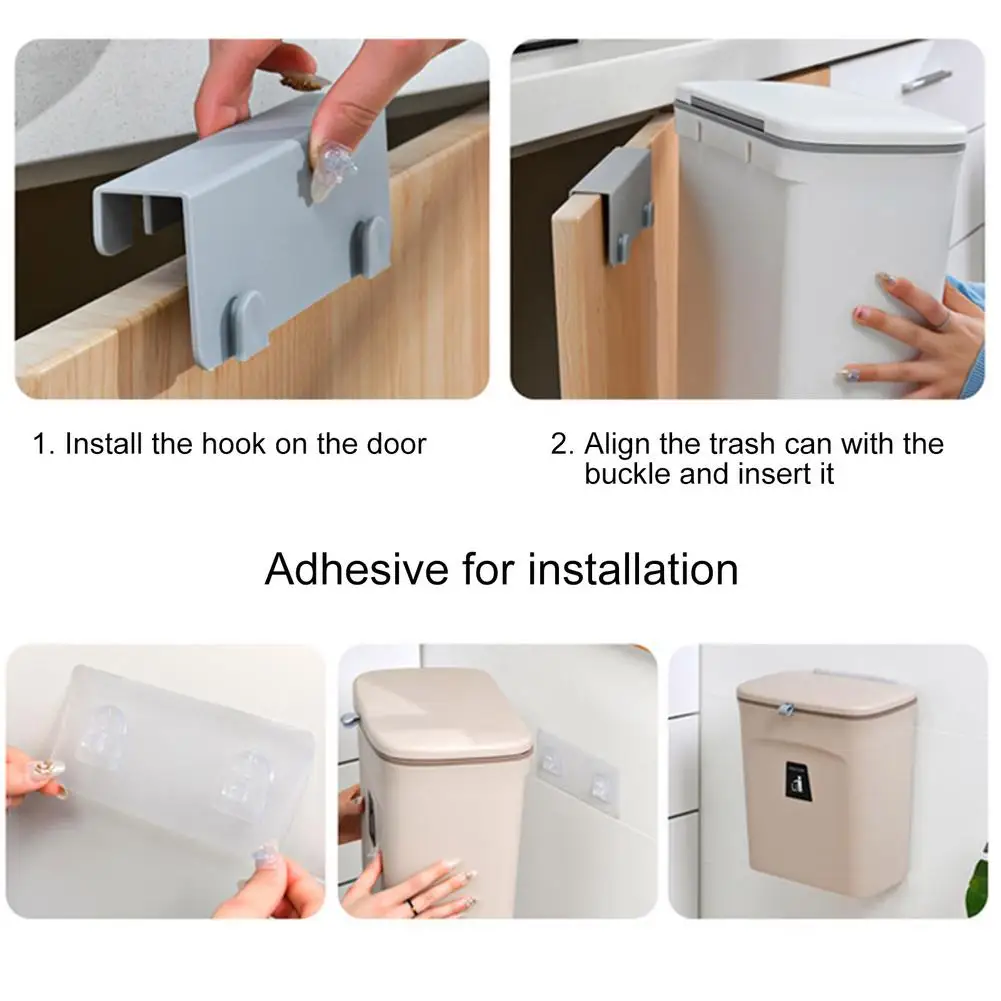 Wall Mounted Kitchen Cabinet Door Garbage Bin With Lid Plastic Hanging Waste Bin Punch-Free Trash Can