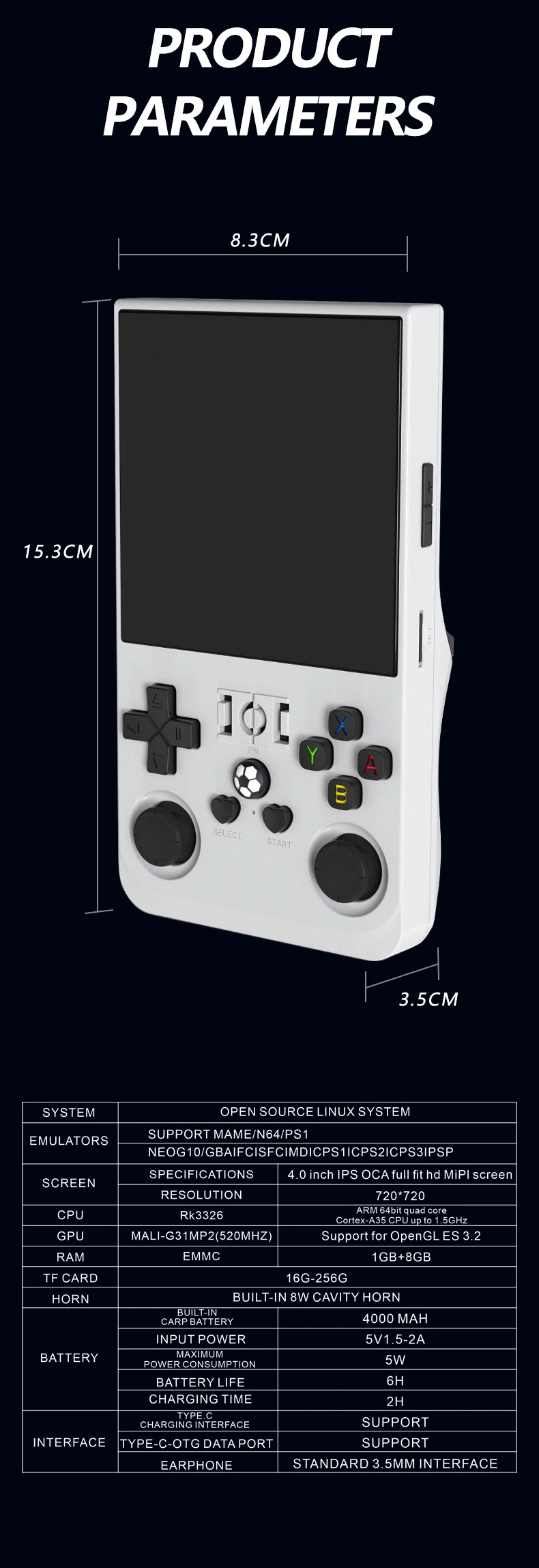 Console Rétro R36MAX Écran IPS 4" HD - 4000mAh, 30+ Émulateurs, 64Go - Noir