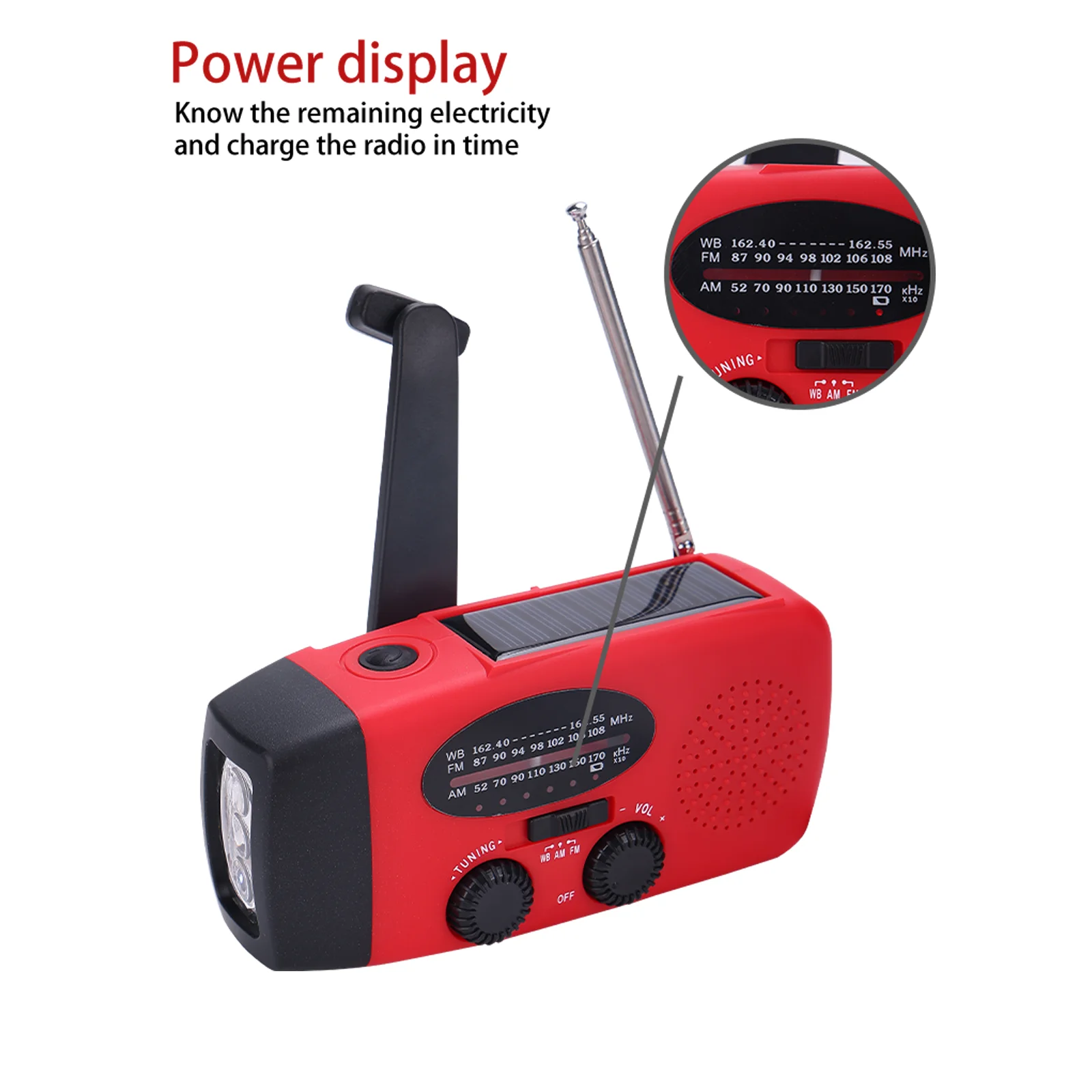 Solar Hand Crank & USB Powered AM/FM NOAA Weather Radio with LED Flashlight Emergency Power Bank (>5000mAh) ABS Material