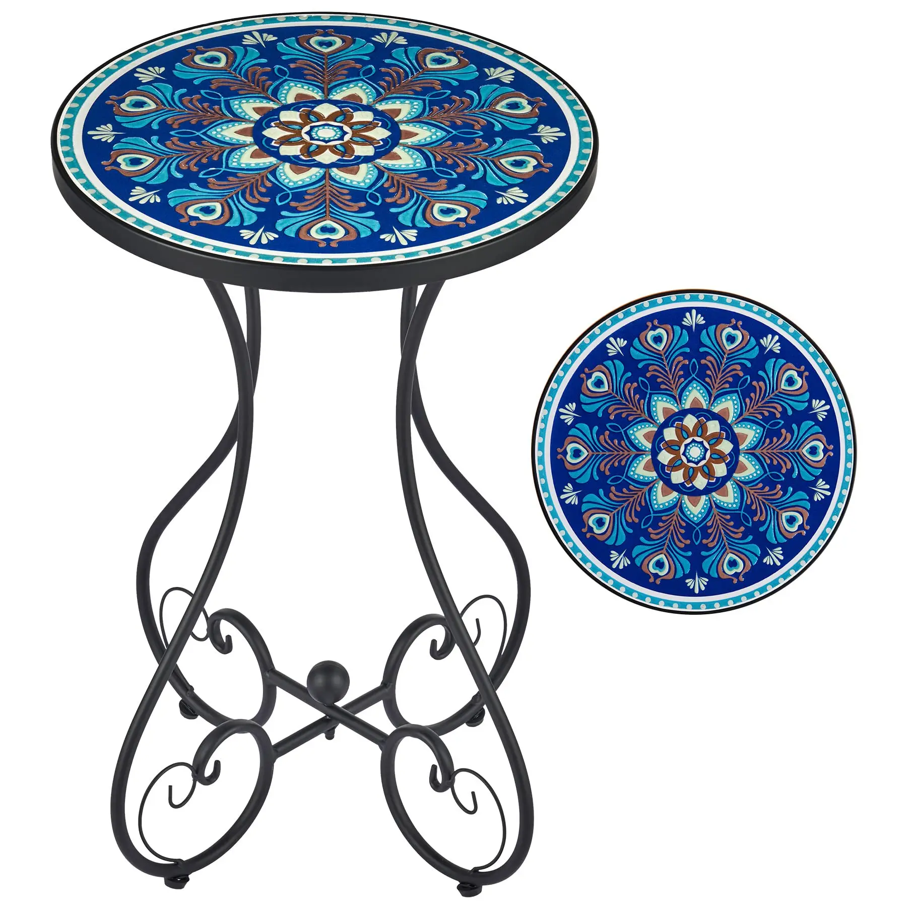 Outdoor Side Table and Mosaic Plant Stand, 21" Round End Table with 14" Ceramic Tile Top for Patio Porch Peacock