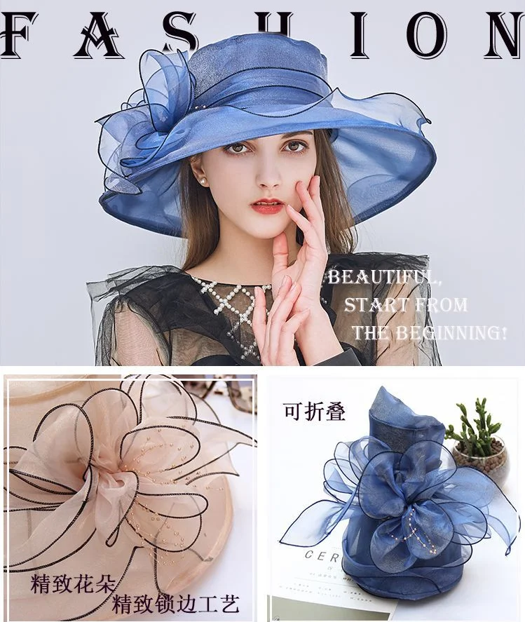 Women Organza Church Tea Party Hats Floral Dusty Blue Organza Church Fascinator Wedding Tea Party Derby Hats for  main image 3