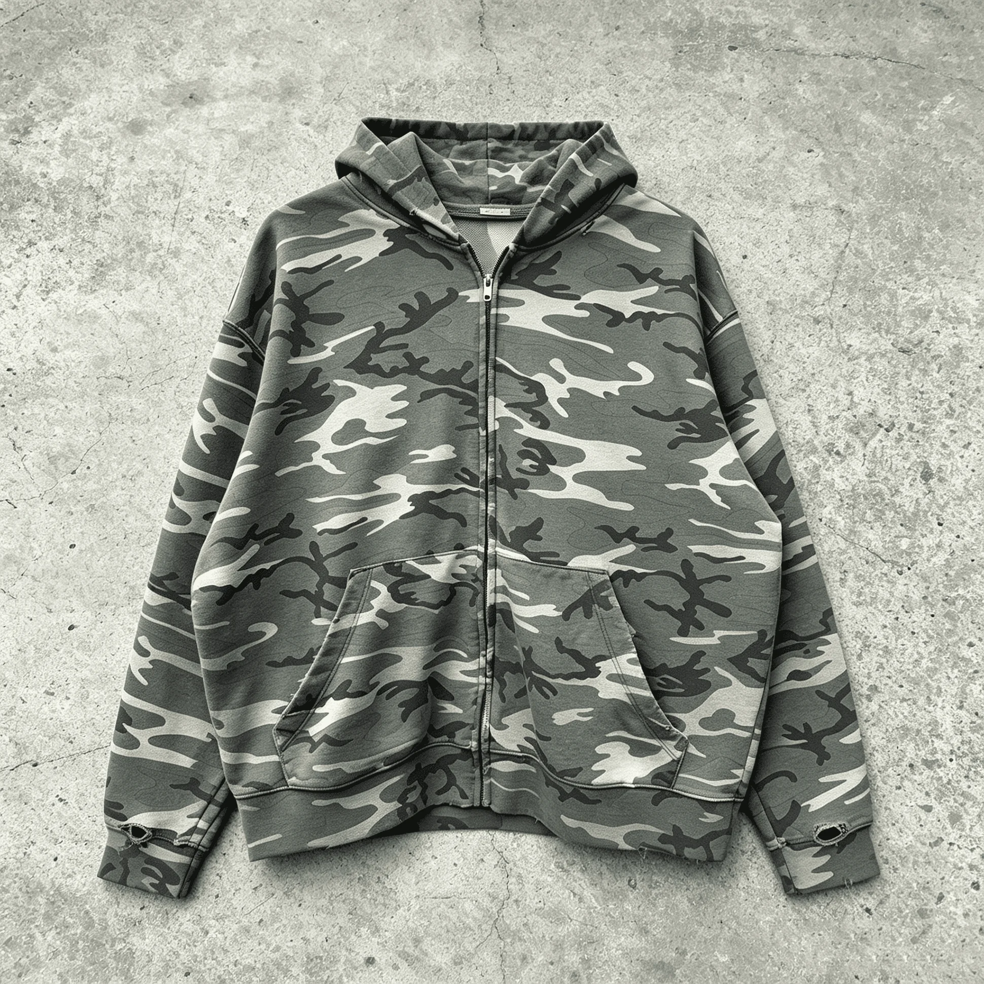 Custom Vintage Washed Camouflage All Over Print Full Zip Heavyweight Cotton Distressed Streetwear Hoodie Men gallery 7