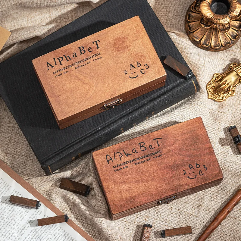 70pcs Number and Alphabet Letter Stamp Number Stamp Rubber Stamps with Vintage Wooden Box