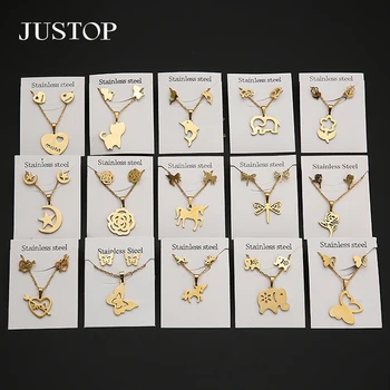 Wholesale Cheap Women Girls Stainless Steel Jewelry 18k gold necklace Pendant and Stud Earrings Jewelry set