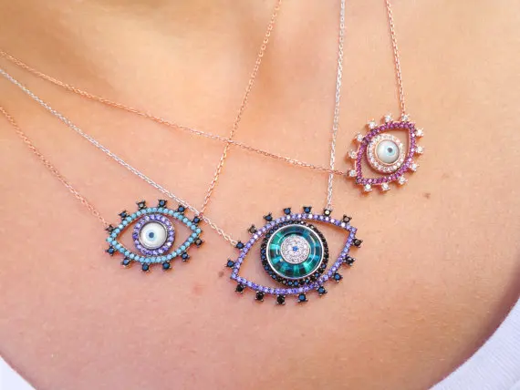 Top Quality Real Micro Pave Cz Geometric Shape Evil Eye 20 Grams Gold Necklace Designs