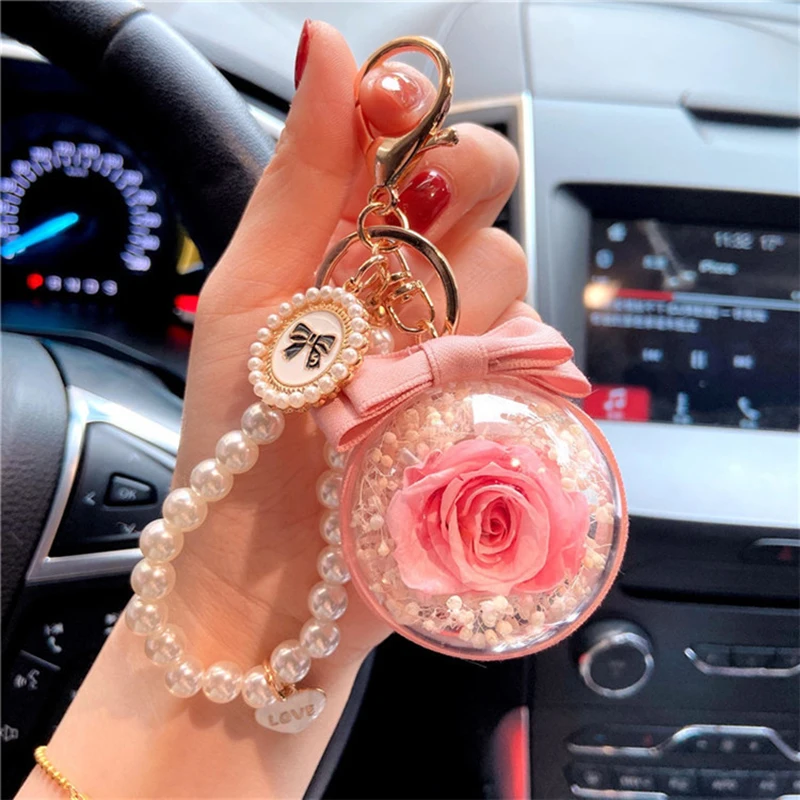 product factory wholesale preserved rose everlasting flower acrylic ball key chain for women girls car hanging valentines day gift-58