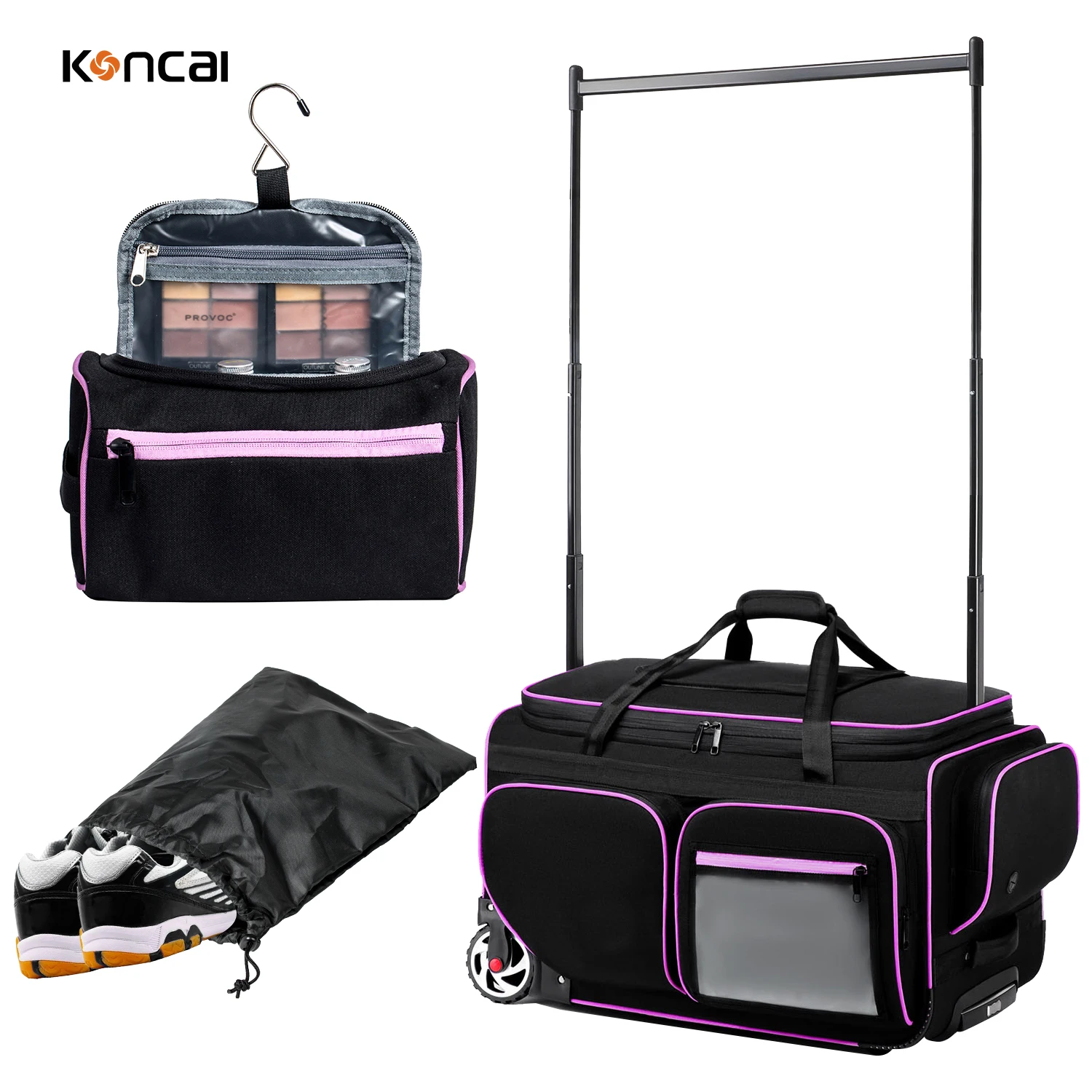 KONCAI Rolling Dance Bag With Garment Rack Waterproof Multi Functional Wheeled Dance for Girls