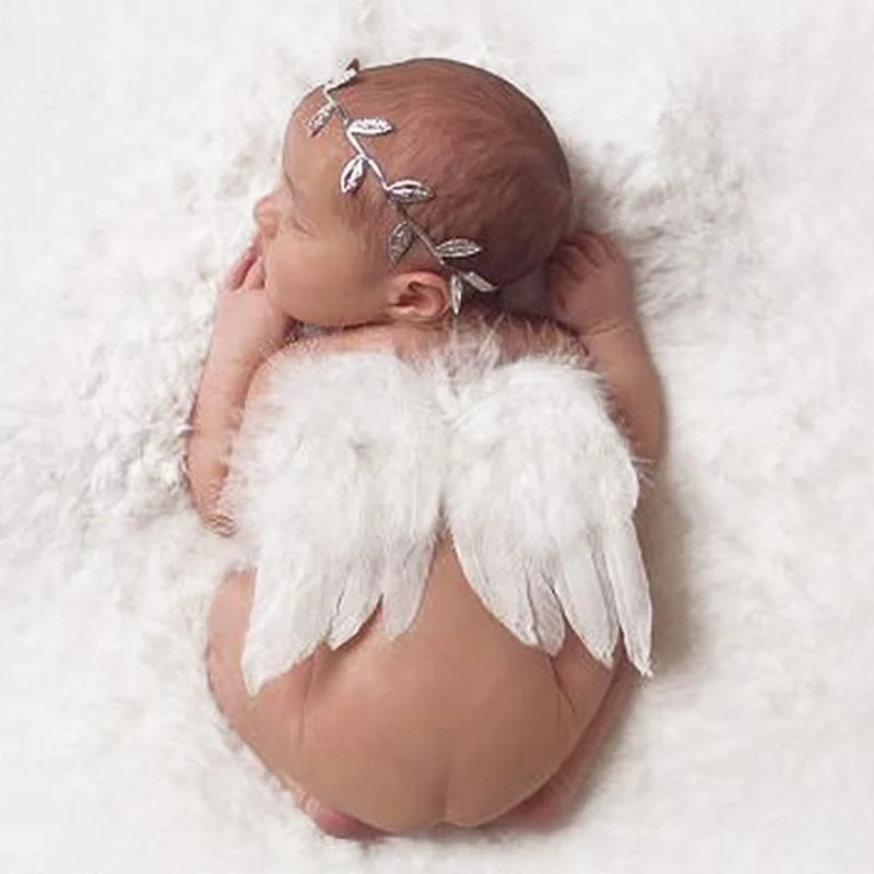 Baby Photo Props Angel Wings Green Leaves Hair Band Set For Photo LGJ White 