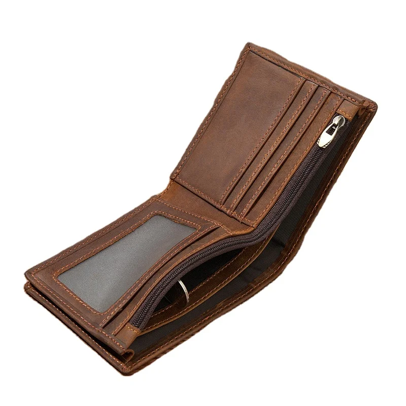 Vintage Men Slim Zipper Open Bifold Wallet RFID Polyester Lining Short  Genuine Leather Purse Card Holder Wallet With Coin Pocket