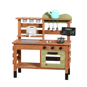 Kids Wooden Playhouse Toy with Outdoor Kitchen Utensils Flower Rack Storage Pretend Play Set for Toddlers Role Play Toy