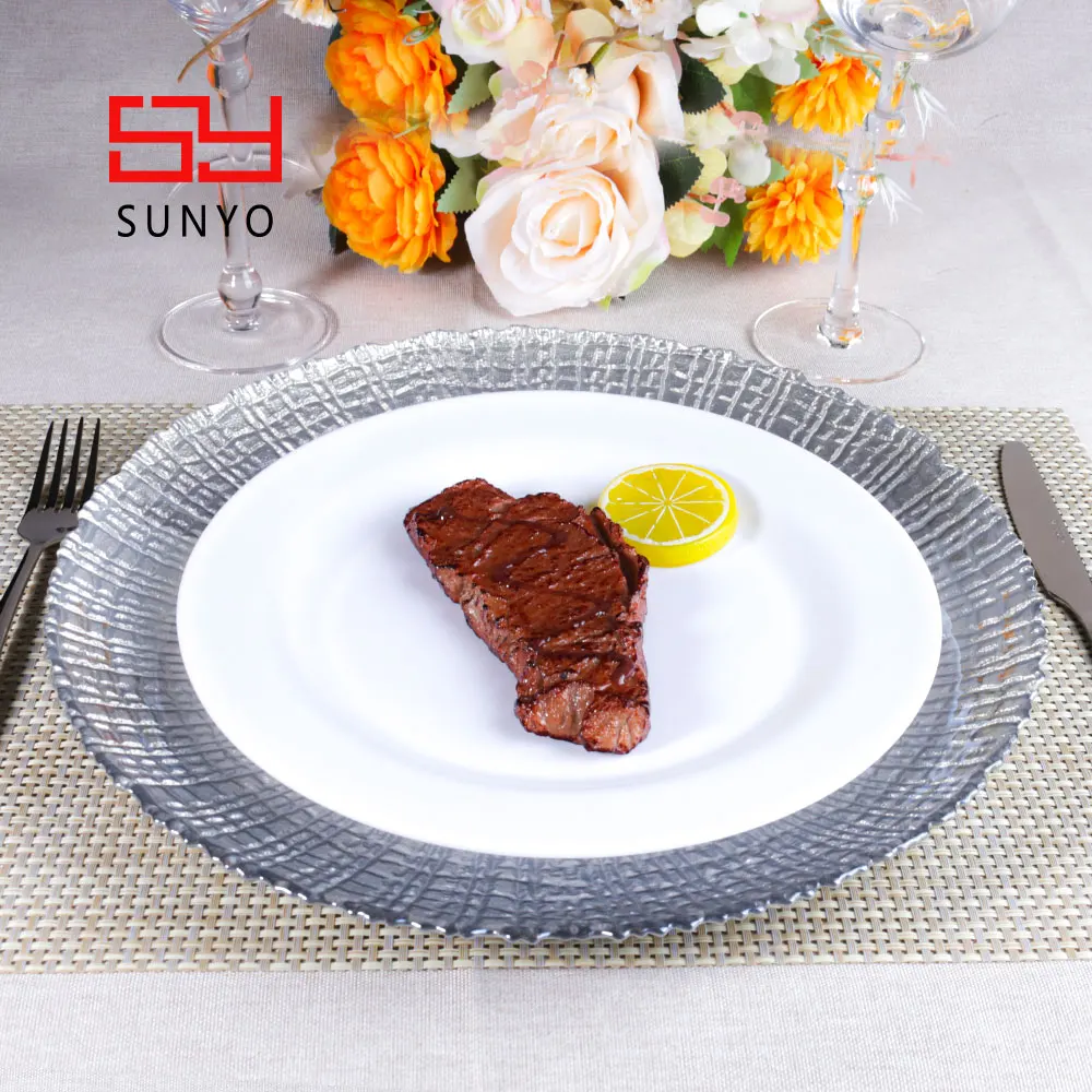 SUNYO Charger Dinner Customized Plates Set Design Silver Lines Glass Wholesale New Luxury for Wedding 72 Pcs Dinner Set Round