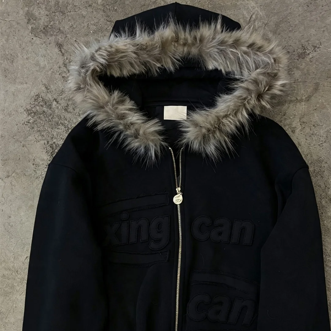 Εργοστάσιο Y2K vintage hoodie με φερμουάρ για άντρες, με τρίχες από ψεύτικο γούνα στην άκρη, OEM κατασκευαστής ενδυμάτων, προσαρμοστική εφαρμογή γραμμάτων με ραφή