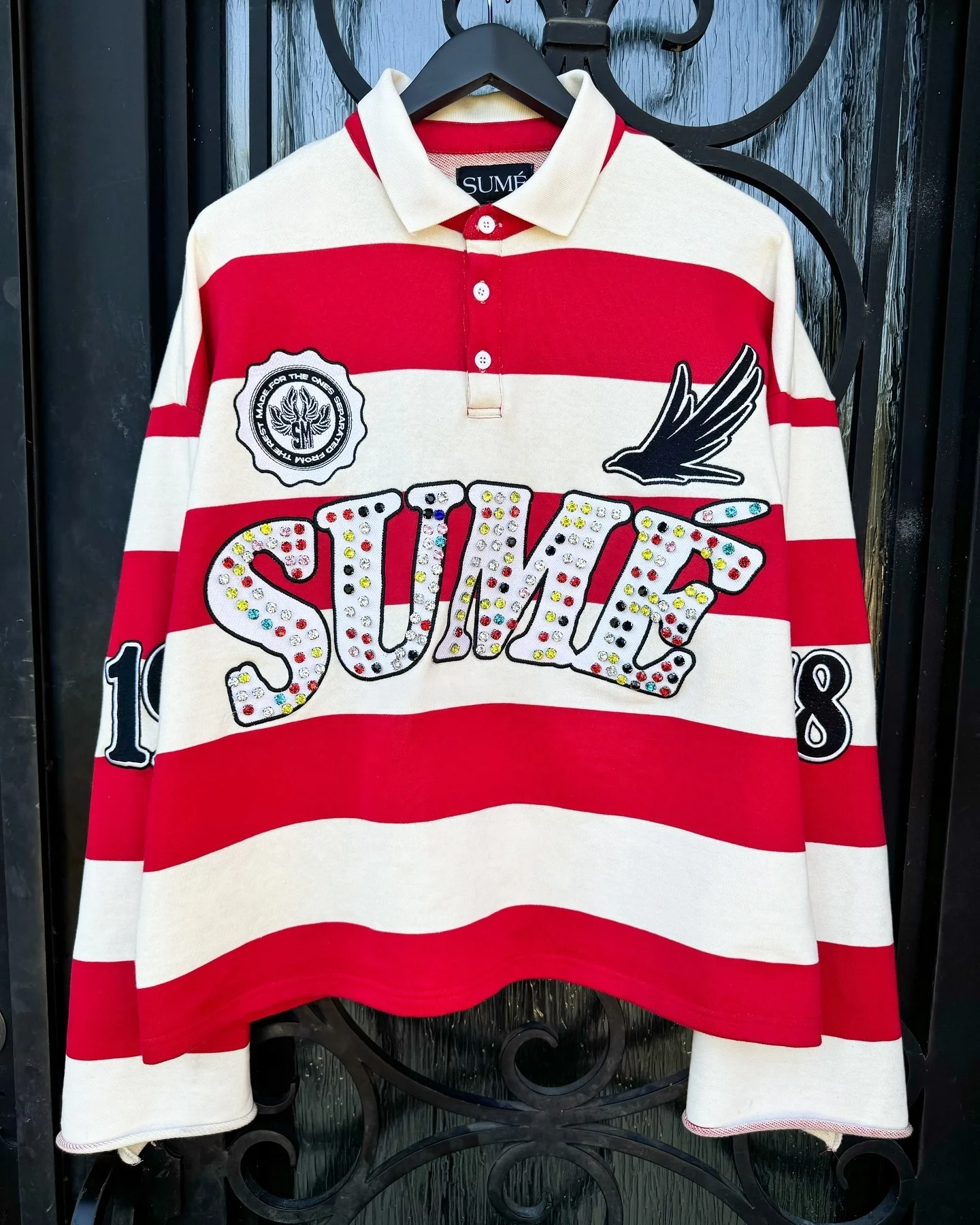 Salati Custom Embroidered Striped Cotton Knitted Button Collar Rhinestone Print Long Sleeve Oversized Rugby Polo Shirts for Men gallery 9
