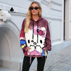 Custom Women Plus Size Burgundy Distressed Hoodie Cartoon Patchwork Decor Oversized Cotton Washed Retro Street Casual Sweatshirt