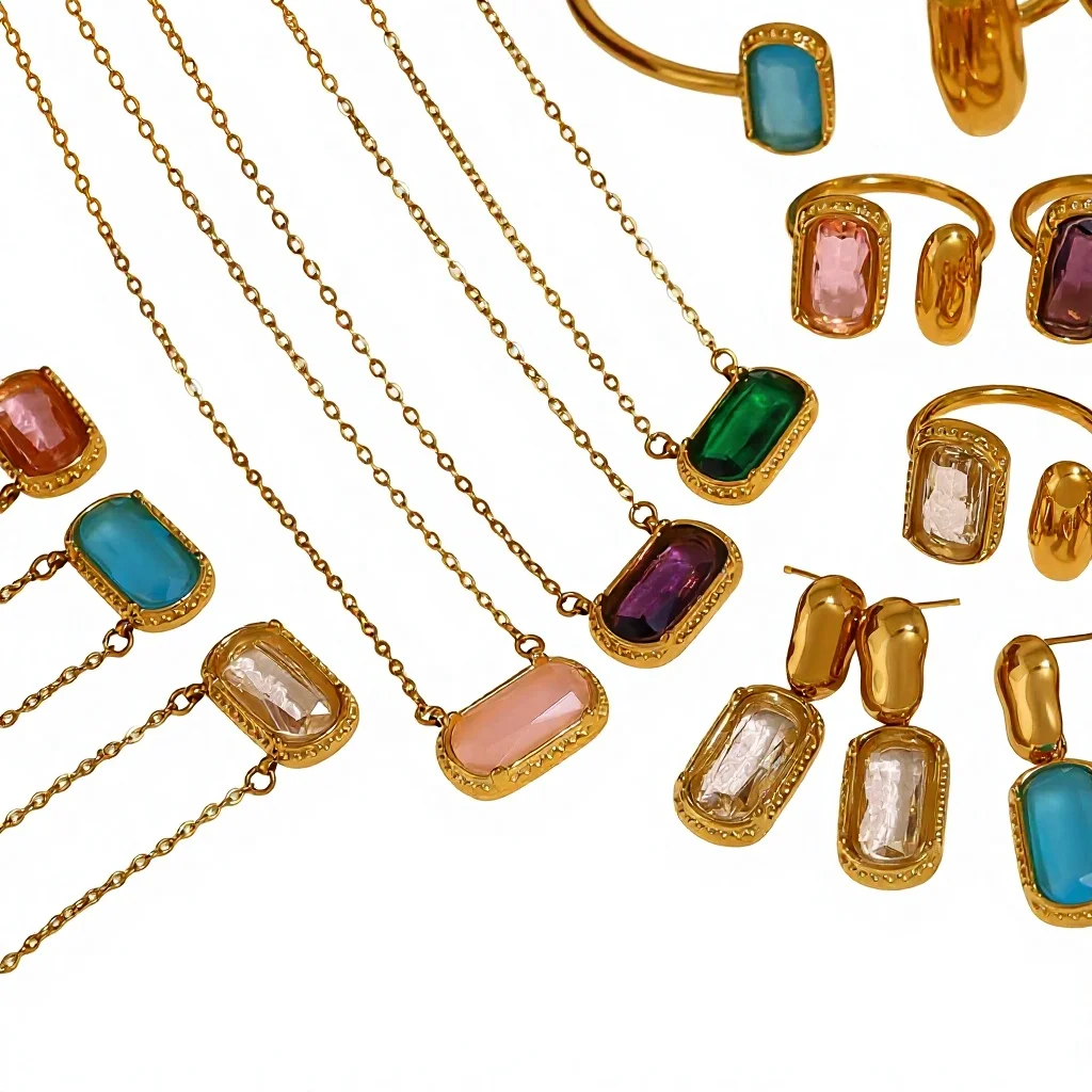 2026 New Girl Gift 18K Gold-Plated Ins Square Ring Necklace Rainbow-Colored Zircon Inlaid Cross-Border Fashion Stainless Pearl