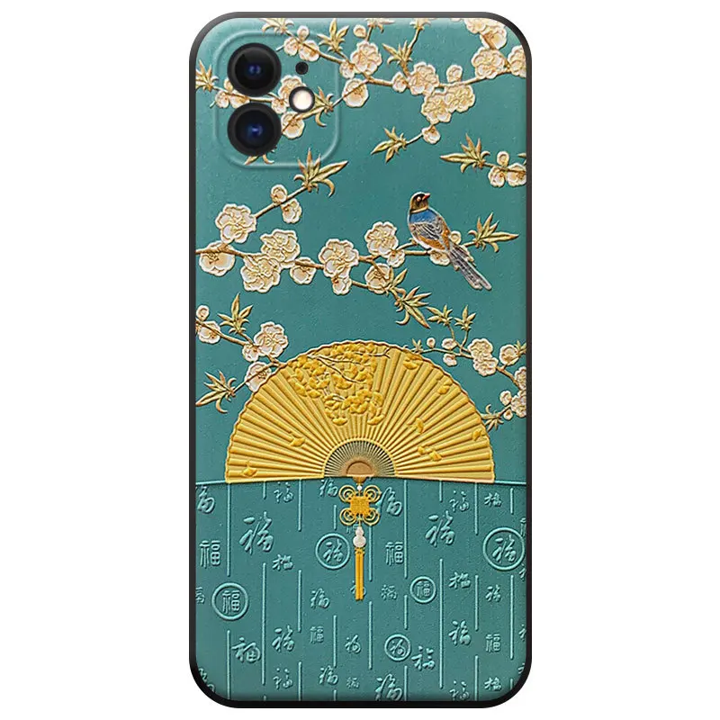 Étui de téléphone mobile en TPU de style chinois avec protection contre les chutes, motif artistique de fleur et d'oiseau pour iPhone 11 12 13 16 Pro Max Plus XS XR 14 Pro Max  