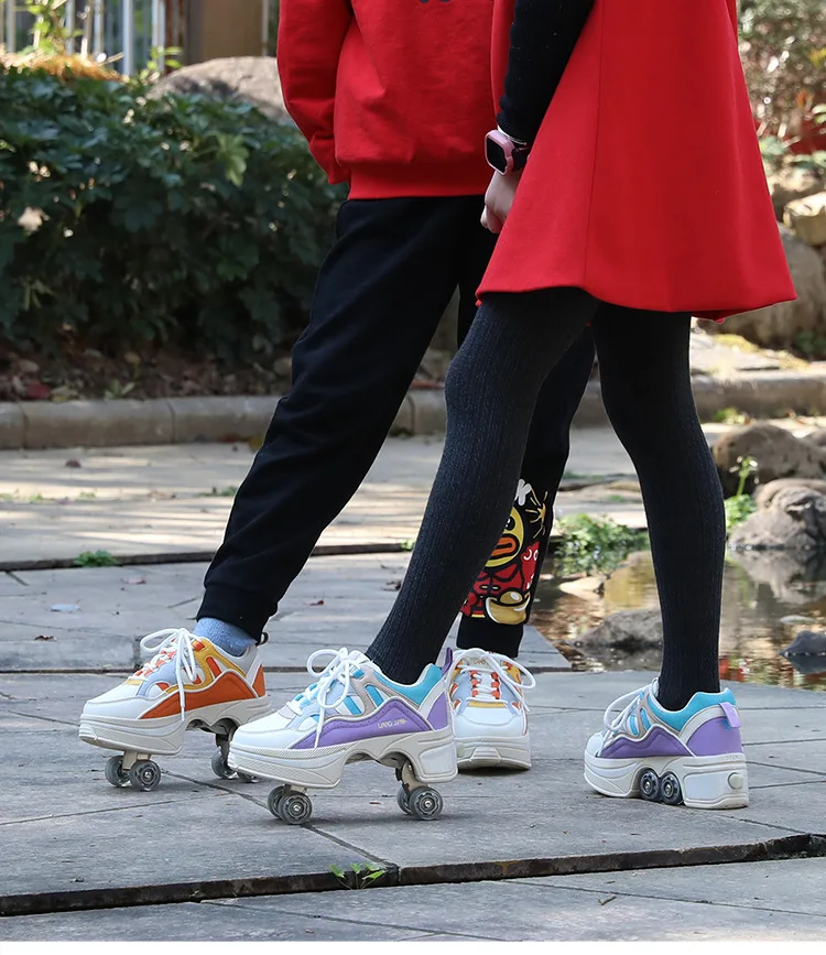 Adjustable Kick Out Wheeled Shoes Zapatos Con Ruedas Kick Roller Skate Shoes With Retractable Wheels Rollers Adult