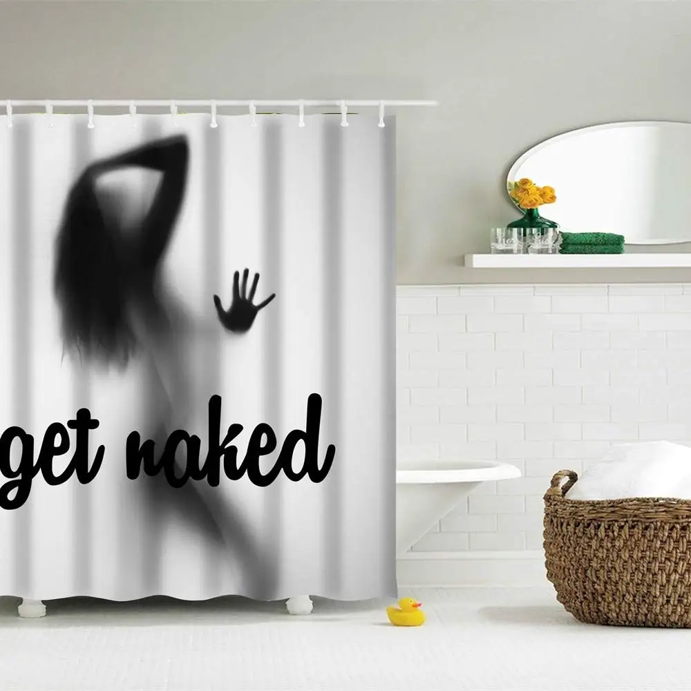 Black White Word Socket 4pcs Sets Piece Funny Get Naked Bathroom Shower Curtain 