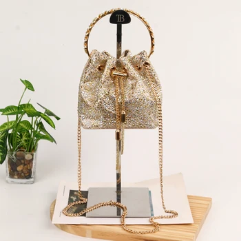 2024 New Luxury Gold Silver Rhinestone Mixed Bucket Bag Metal Chain Drawstring Exquisite Wheat Hand Evening Bag For Lady