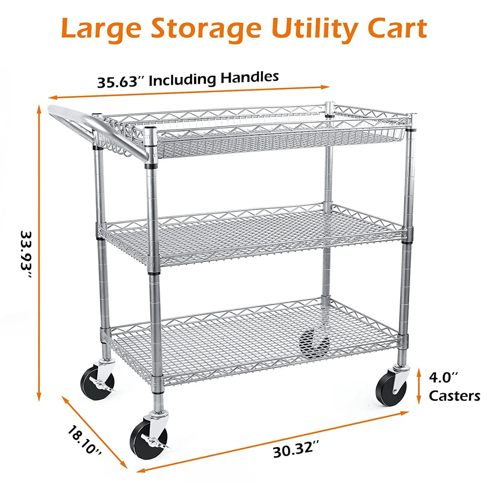 3 Tier Rolling Utility Cart, Kitchen Metal Utility Carts with Handle Bar Commercial Grade Wire Shelving Storage Cart