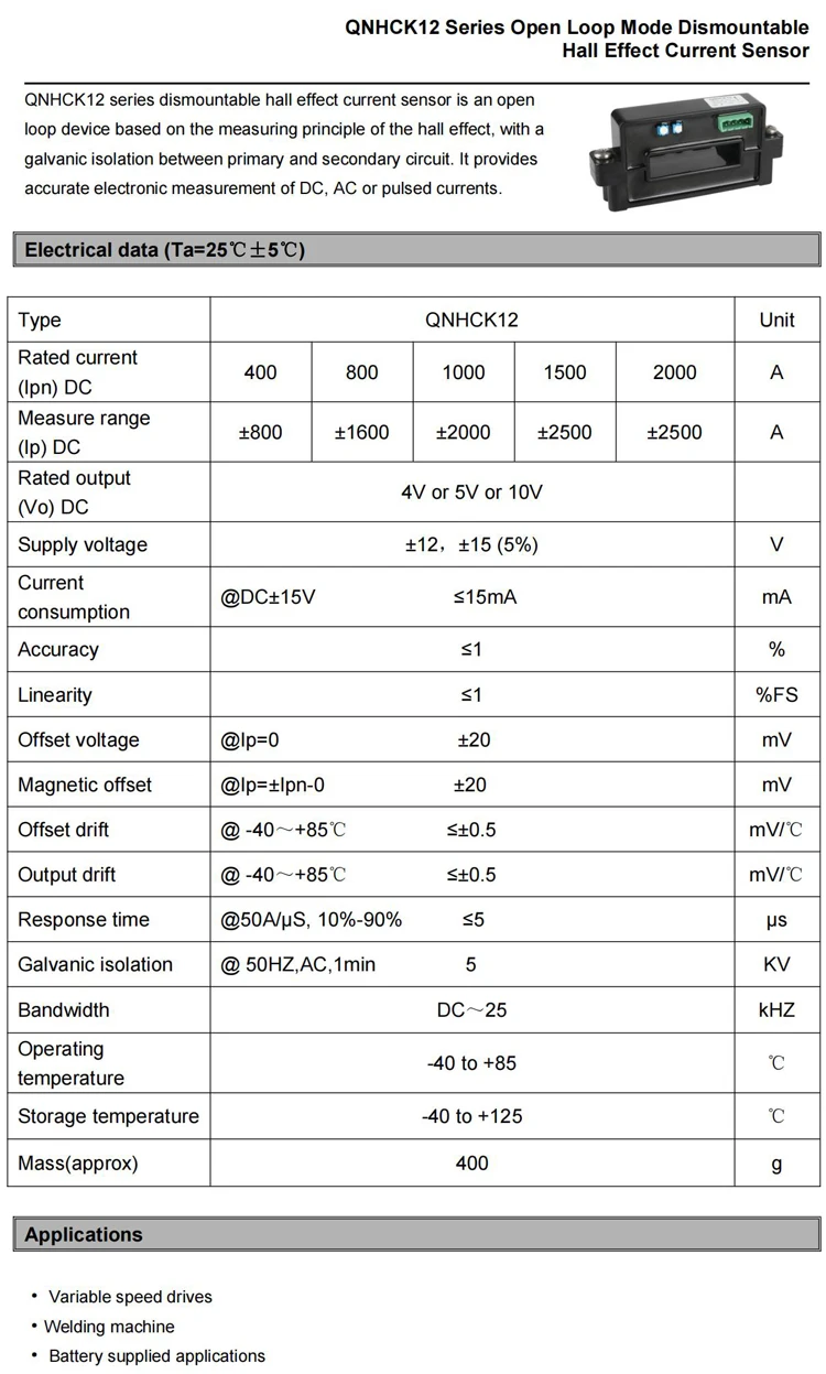 Hall Effect Current Sensor Clamp QNHCK12 DC 800A 1000A 1500A 2000A 4V Split Core Current Transducer Open Type CT Transformer
