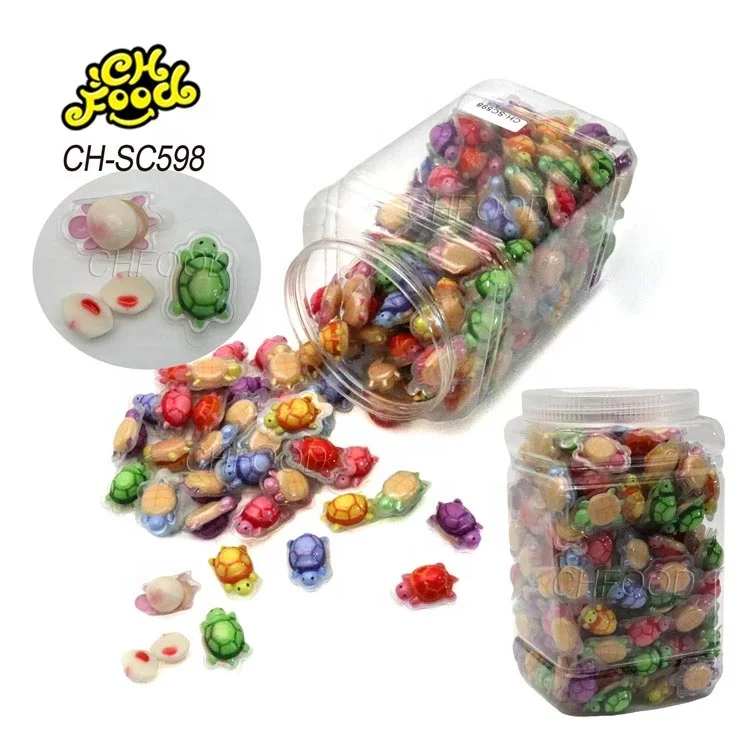 Wholesale 2g Halal 3d Cartoon Small Sea Creature Tortoise Shape Strawberry Jam Filled in Ball Gummy Candy Sweets Snack Food