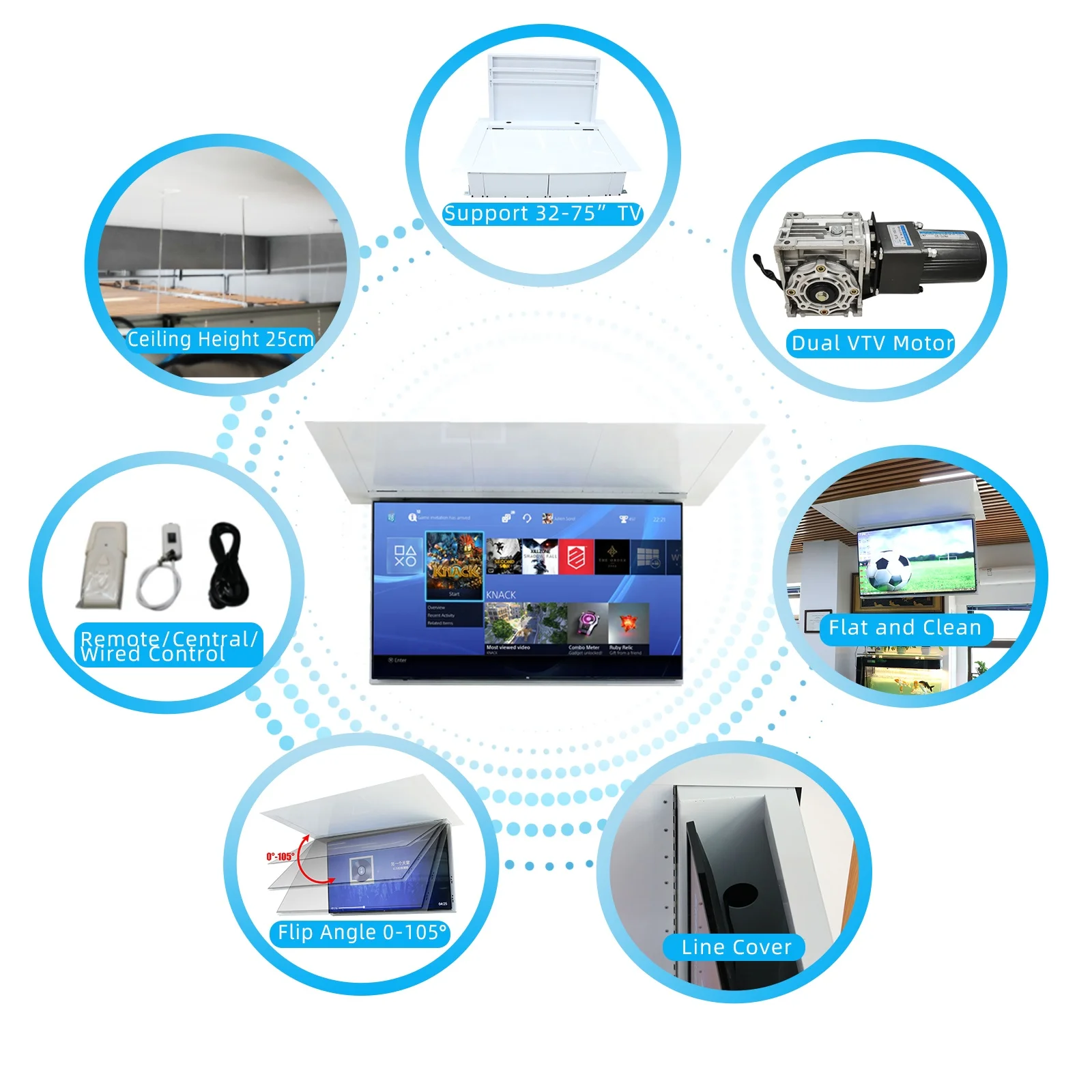 JGST OEM/ODM Retractable Hidden Fold Down Tv Mount Ceiling Drop Down Motorized Tv Lift Stand Mechanism with Remote Control