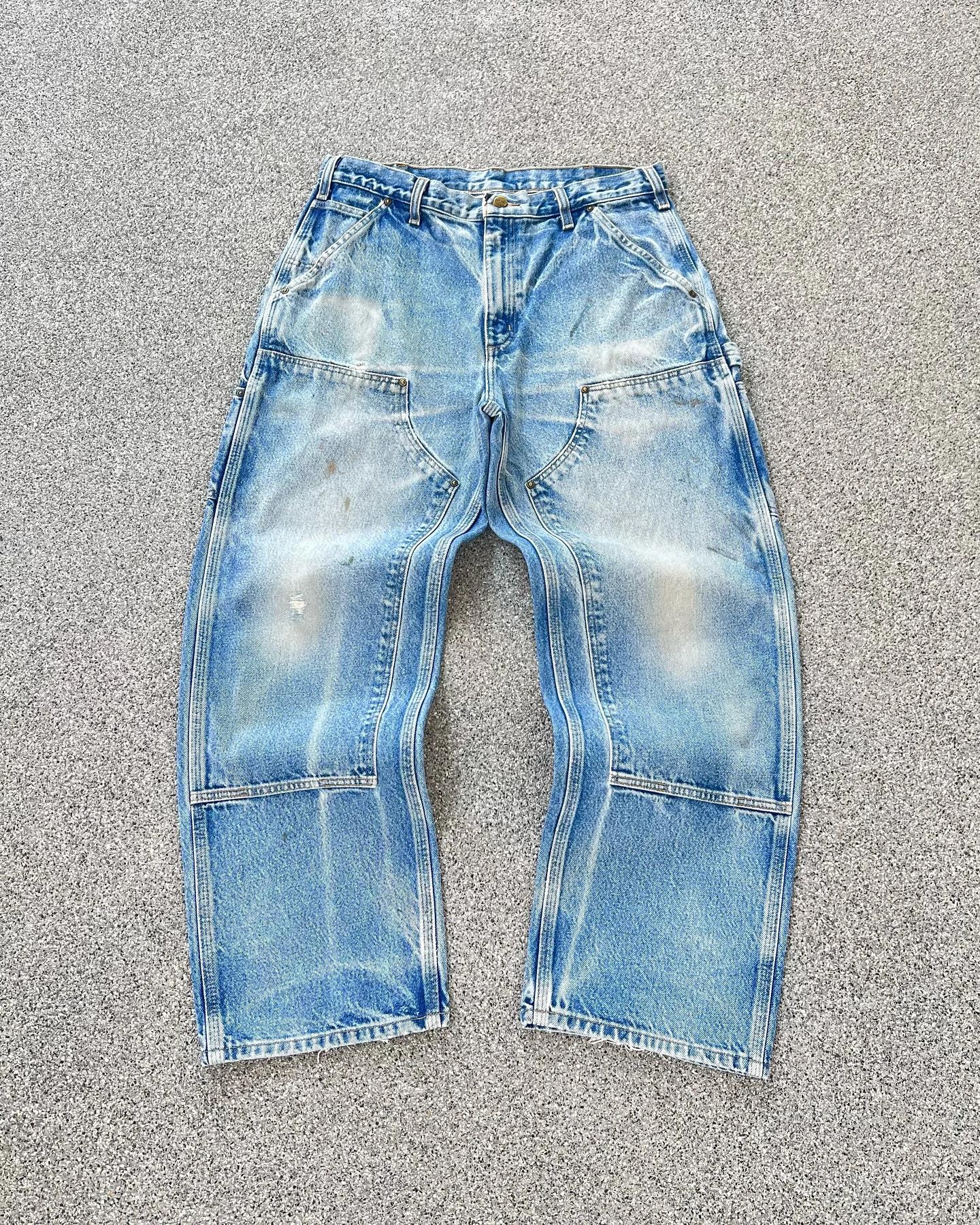 Salati Custom Men's Jeans Sun Faded Wash Double Knee Oversized Straight Carpenter Man Cargo Trousers High Baggy Boyfriend Print gallery 7