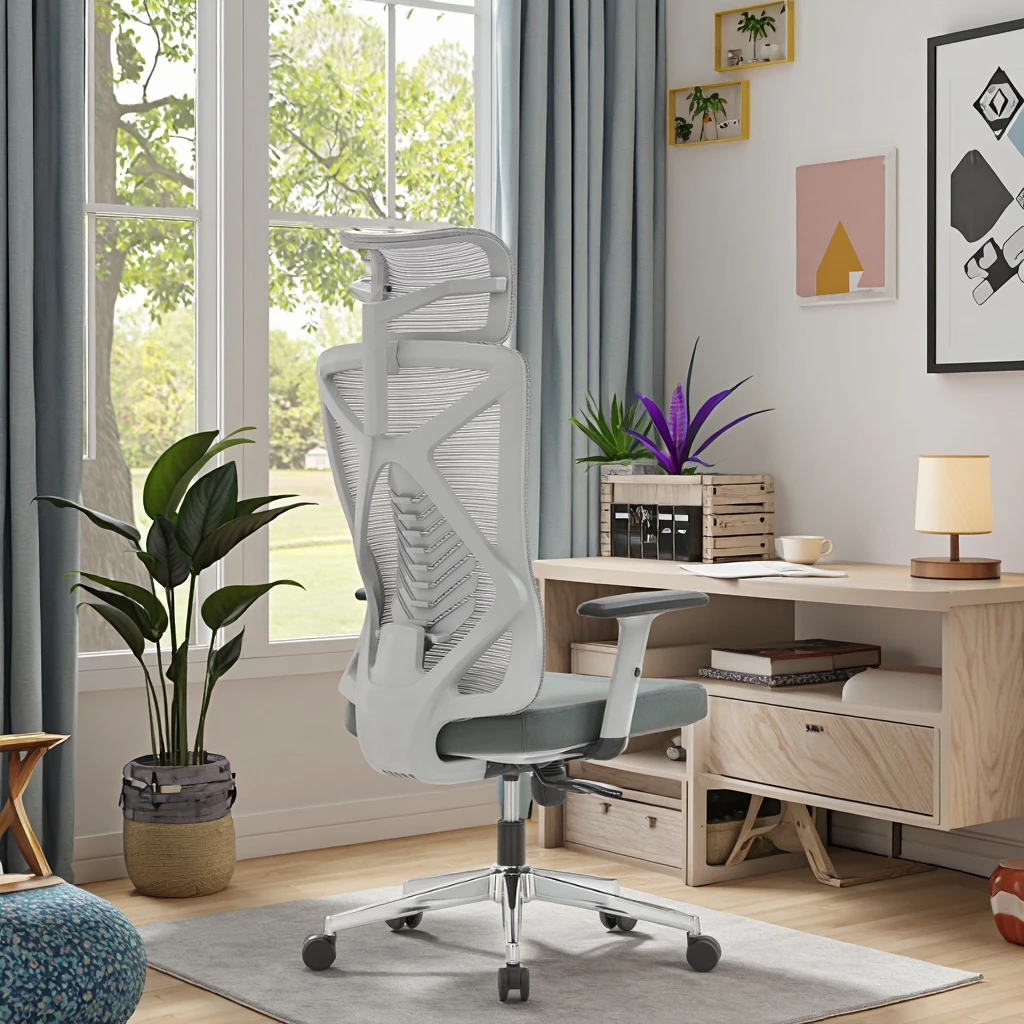 Modern Executive Ergonomic Chair Grey Frame 3-Way Adjustable Lumbar Support Breathable Mesh Back Office Furniture Flip-Up 4