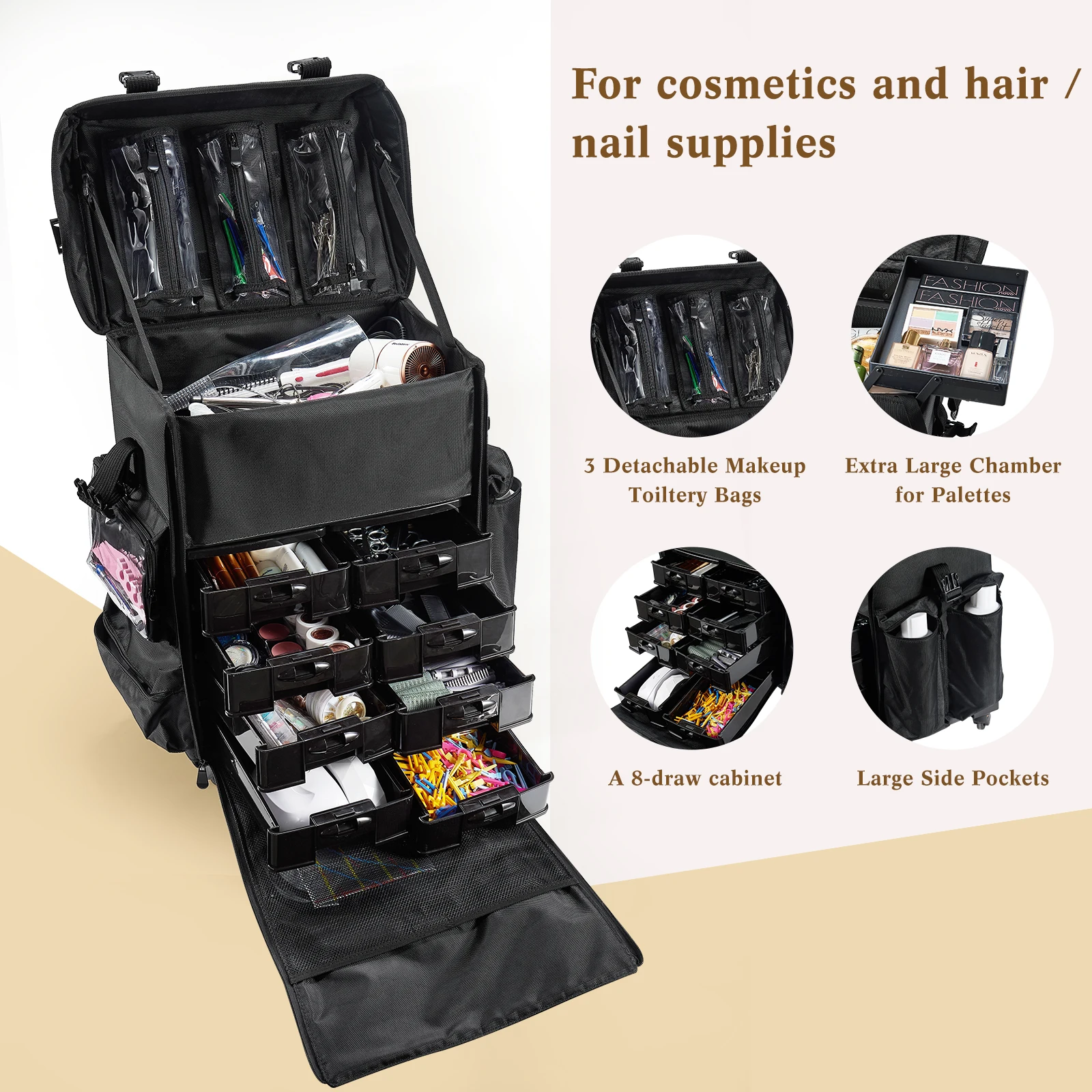 Rolling Makeup Case Trolley 2 in 1 Travel Cosmetic Train Cases on Wheels - Nylon Black Bags for Professional Make up Artist