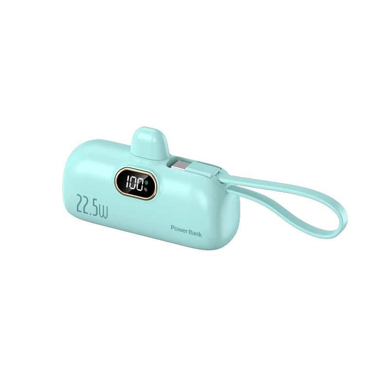 2 in 1 Mini Capsule Power Bank 5000mah10W 22.5W LED Display Built-in Cables Emergency Battery Portable Charger with Hanging Rope