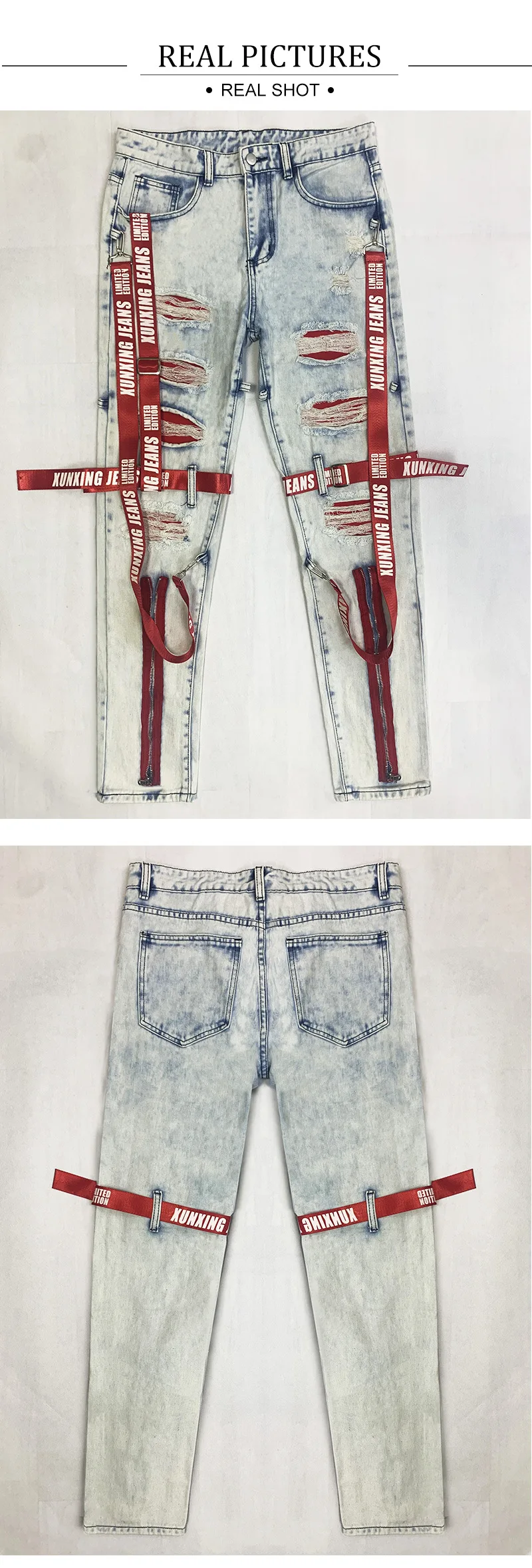 QC - 067 New design street fashion men designers jean with zipper and lace up ribbon ripped cotton pencil men's jeans