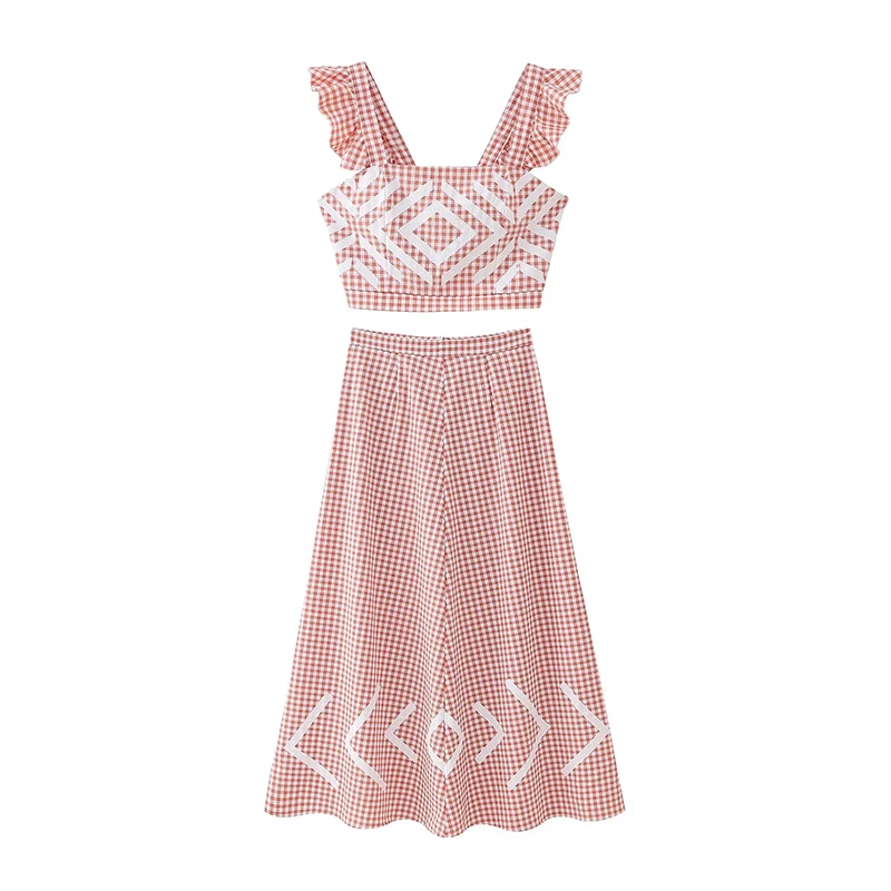 TWOTWINSTYLE Vintage Two Piece Set Short Tops High Waist a Line Long Skirts Sets for Women