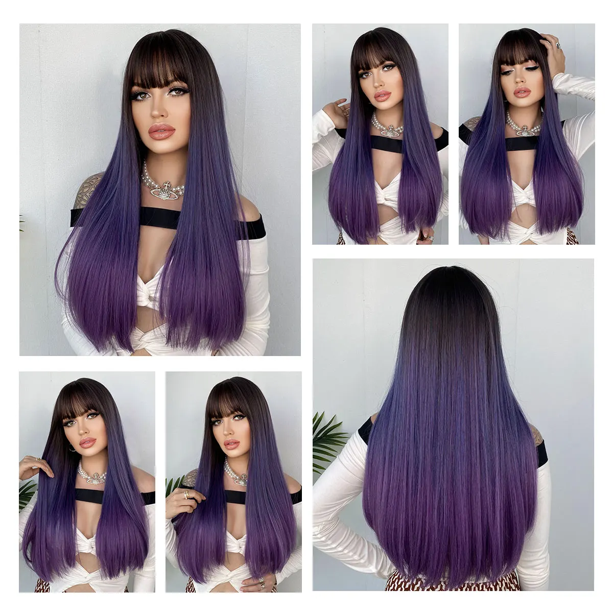 Long Purple Straight Wig With Bangs for Cosplay - 26 Inch 