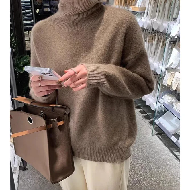 AU Custom Women's Casual Turtleneck Pullover Soft Stretchy Knitwear Long Sleeve Solid Color Sweater for Autumn Winter Front Logo