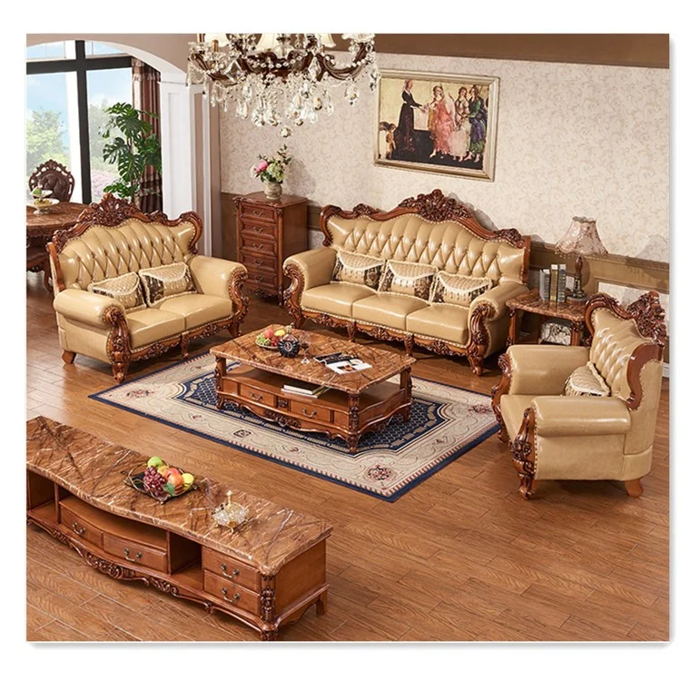 High Quality European Antique Living Room Sofa - Genuine Leather