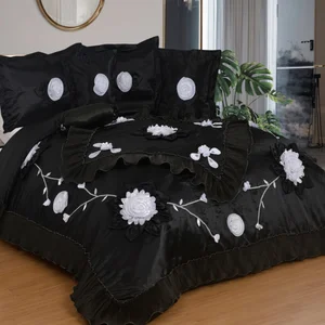 Big Size Ruffled Duvet Cover & Bed Skirt 3D Rose Embroidery 6Pc Luxury Set Silver Patchwork Satin 300tc Eco-Friendly Bedding