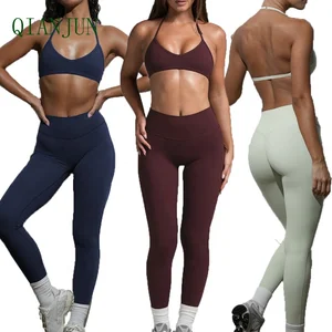 Women Stretchy Compression Gym Fitness Yoga Wear Backless Halter Bra Breathable High Waist Leggings Fitness Clothing