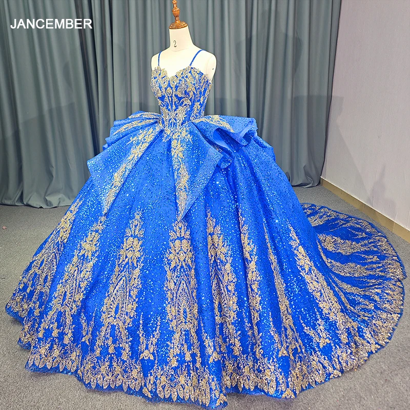 Blue Sequins Ball Gown Quinceanera Dress with Gold Appliques & Beaded Lace ODM| Min order 1 ct Blue Sequins Ball Gown Quinceanera Dress with Gold Appliques & Beaded Lace ODM| Min order 1 ct