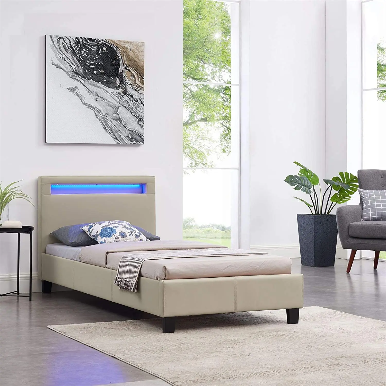 Customized Modern Design LED Light 5 Color King Bed Frame Infrared Red Full Size White Pu Leather Soft Led Bed