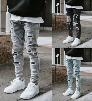 2024 Europe and the United States autumn and winter men's ripped skinny jeans ripped patch small foot pants