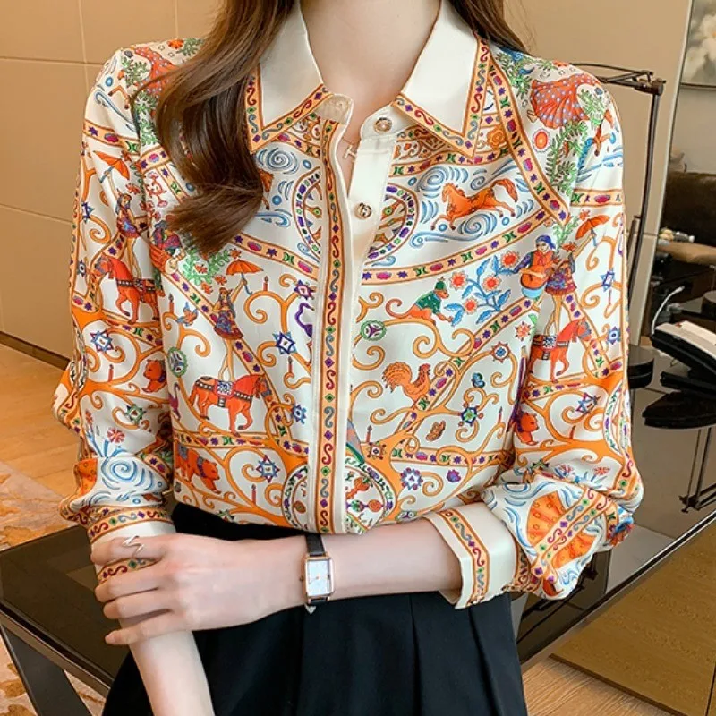 Brown Shirt Woman Blouse Shirts Button Up Blusas Top Mujer De Moda Turn  Down Collar Flower Print Buttoned Shirts With Narrow Cut