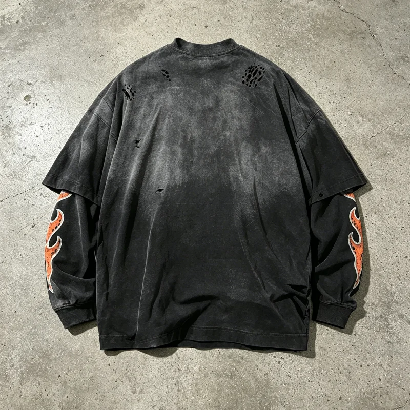 Manufacturer Streetwear Custom Long Sleeve Tshirt Men Camouflage Double Layer Graphic Oversize Boxy Distressed T Shirt gallery 2