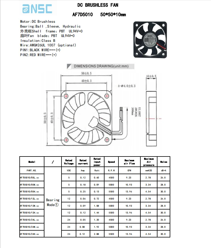 50x50x10mm 5010 2.0inch Fan 5v 12v Brushless DC Axial Cooling Fan 50mm Square Fan