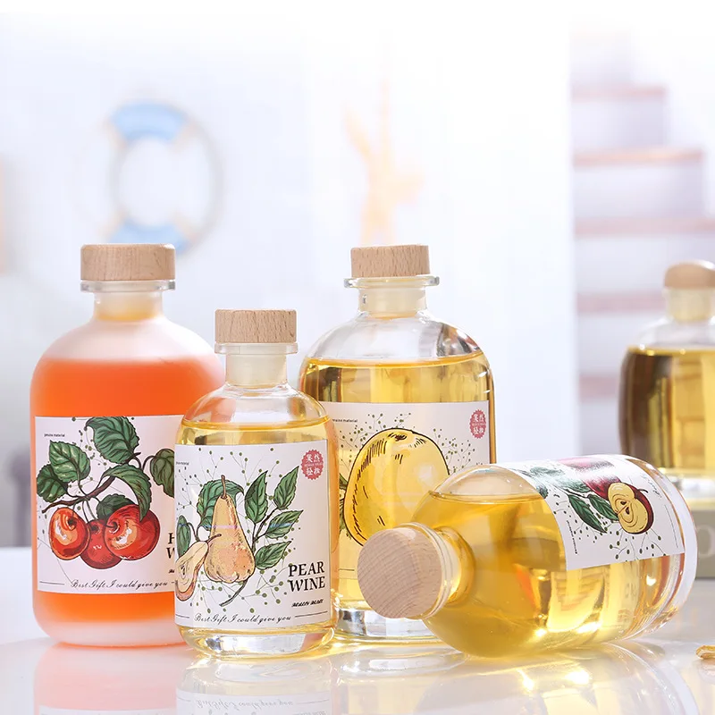 Fancy Round 100ml 250ml 375ml 500ml Clear Fruit Glass Wine Liquor Bottle With Cork Stopper