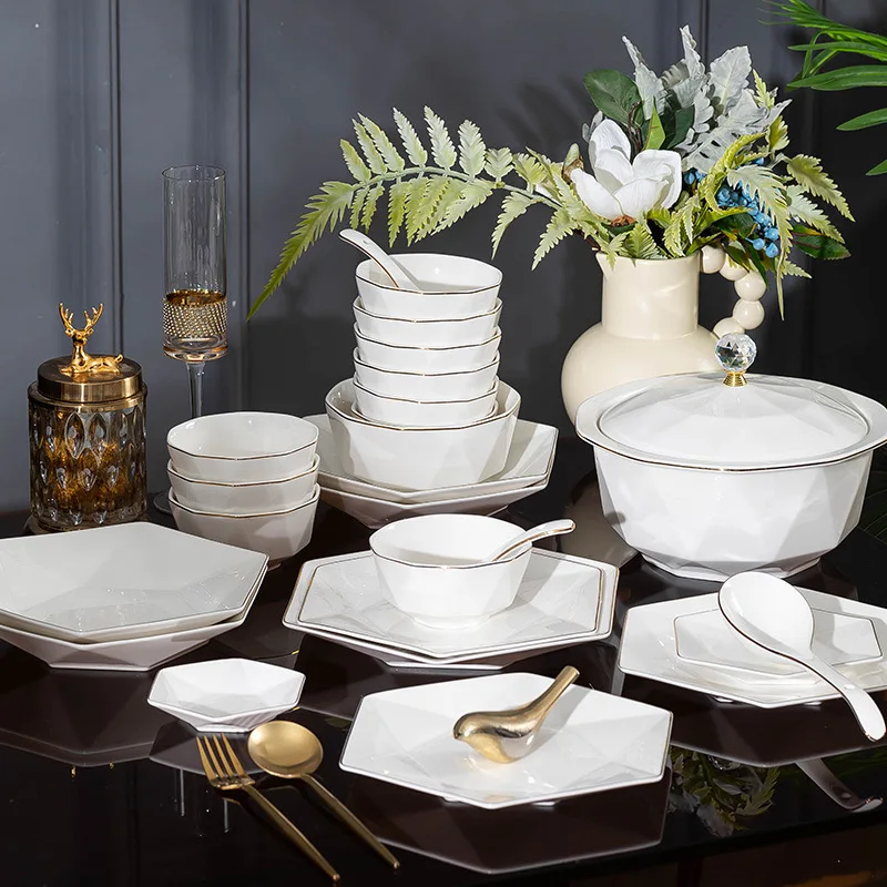 Chinese Factory Price Dish Set Custom Hexagonal White Food Plates Dinnerware Tableware with Gift Box