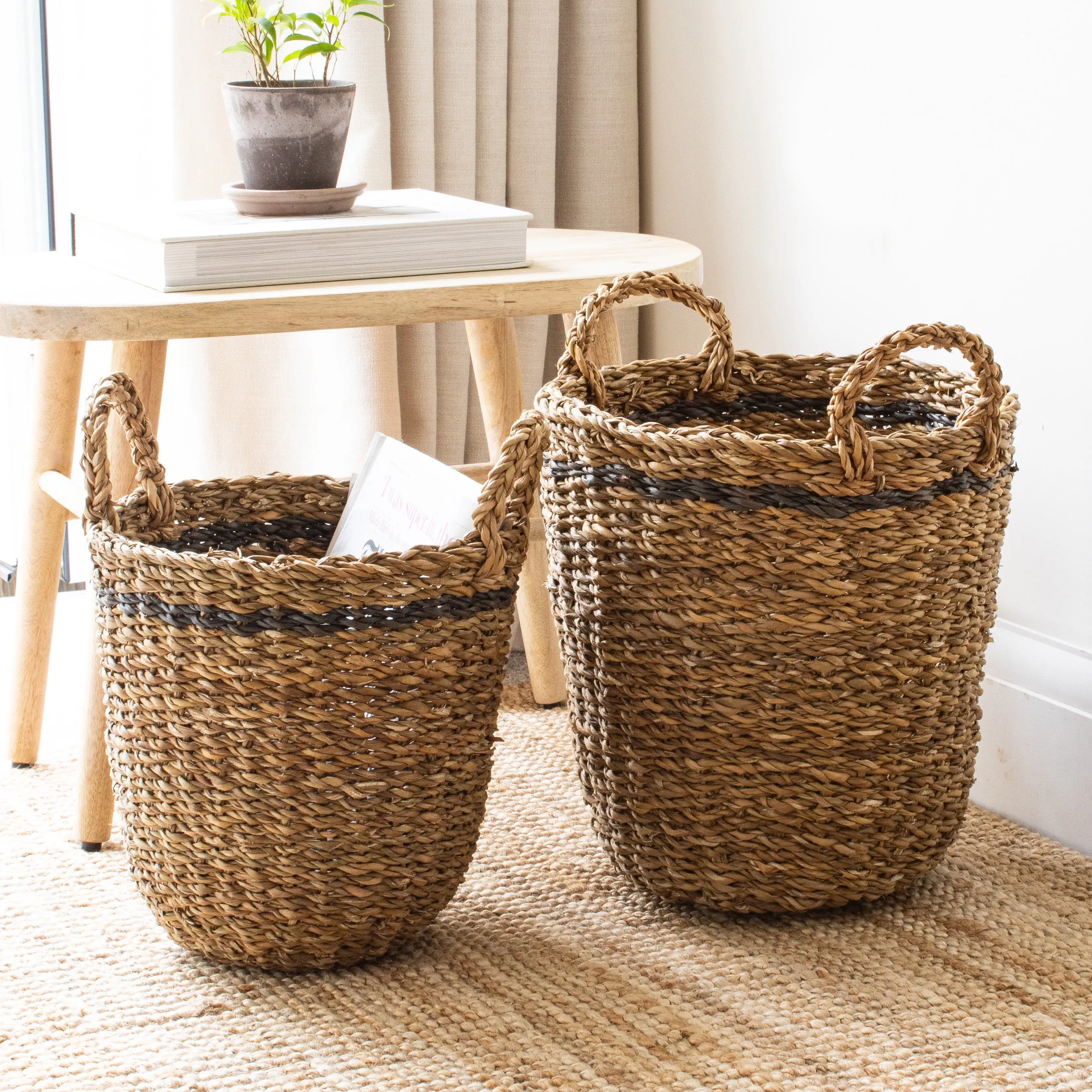 Bohemian Round Seagrass Basket With Stripe Detail Rustic Boho Woven ...